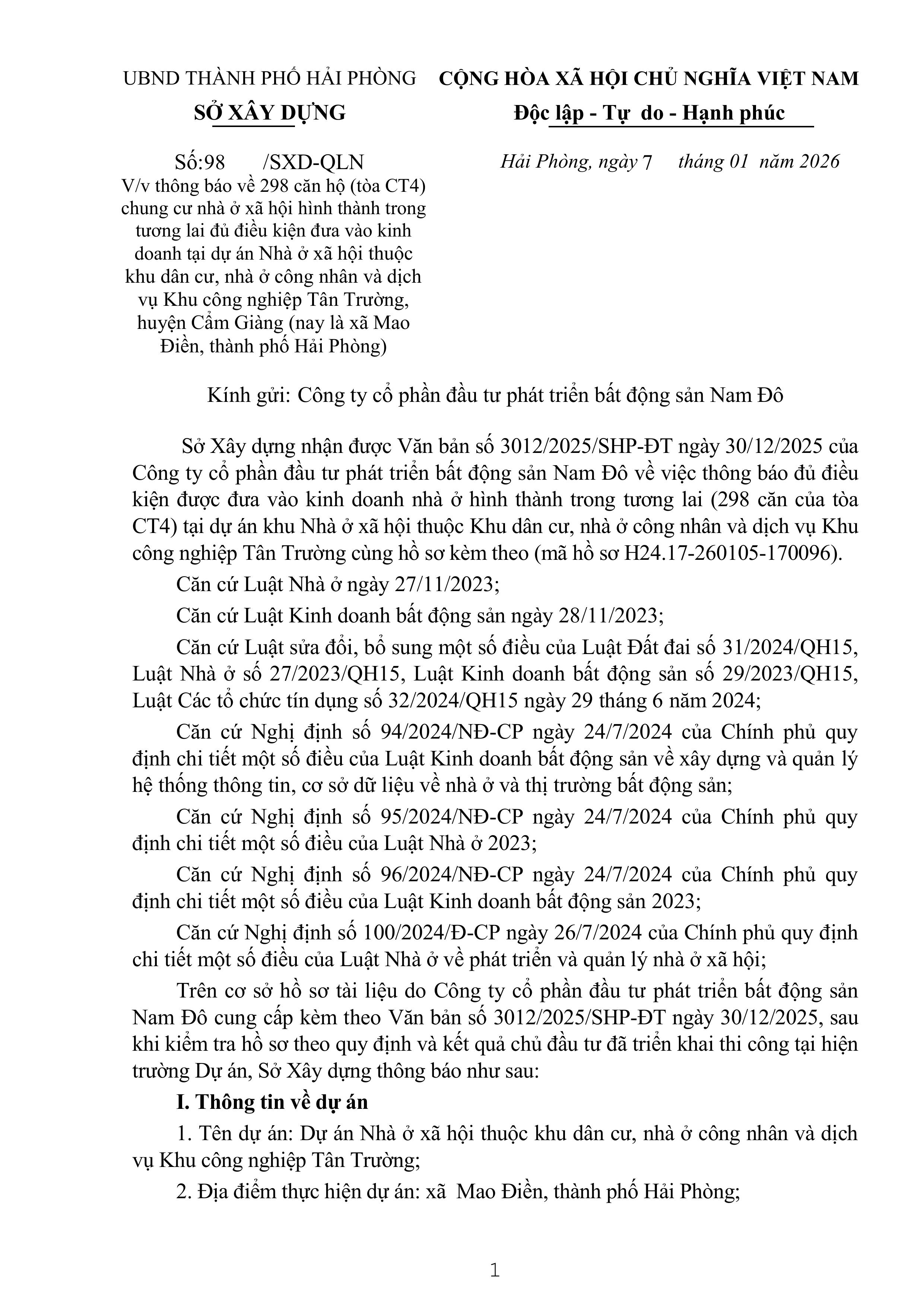 Thông báo về 298 căn hộ (tòa CT4) đủ điều kiện hình thành trong tương lai